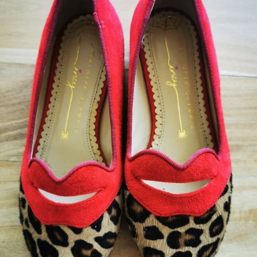 Charlotte Olympia Girls Red Pony Hair Leather Ballet Flats Leopard US11